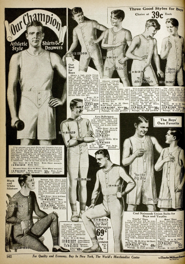 Doppelseite mit Herrenunterwäsche. Hemdhosen mit kurzen Beinen mit Knöpffront aus Baumwollstoffen oder Nainsook (zartes Musselin) für Sport und andere Gelegenheiten.