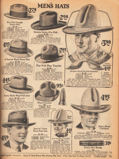 Hüte für Herren.
Elegante Straßenhüte aus Woll-Filz sowie Armee Hüte, Ranch Hüte im „Dakota Style“ und „Pan Tourist“ Hüte für den konservativen Geschmack aus Filz. Rechts zwei Wild-West Karlsbad Hüte mit hohem Kopf. In der Mitte unten ist auch ein Modell für Jungen.