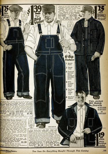 Doppelseite Arbeitskleidung wie Arbeitsoveralls und Jacken aus Jeansstoff mit verstärkten Nähten.