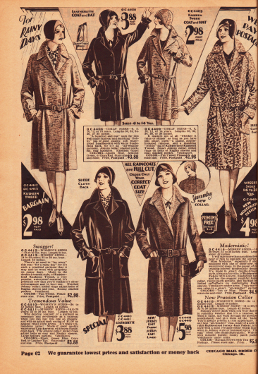 Regenmäntel für Frauen, junge Damen (Backfische) und Mädchen zwischen 6 und 14 Jahren. Die Regenmäntel sind hergestellt aus gummierten Stoffen wie Kasha-Tweed, Jersey sowie Leder. Oben rechts wird ein Modell mit modernistischer Musterung für junge Frauen präsentiert.