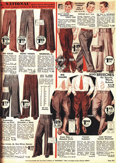 Normale Hosen und Knickerbockerhosen für junge Männer. Neu ist die Weite des Hosensaums von 20 inch (ca. 51 cm) und der sehr breite eingearbeitete Gürtel.