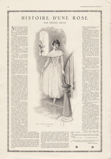 Artikel:
Aruss, Arsène, Histoire d’une rose (par Arsène Aruss).

In der Mitte der Geschichte befindet sich eine Zeichnung mit einer Dame im Stilkleid, die eine Treppe hinunter schreitet.
Illustration/Zeichnung: John Newton Howitt (1885-1958).