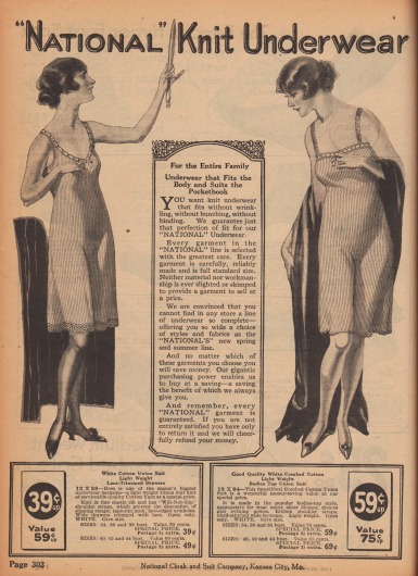 „‚National‘ Strickunterwäsche“ (engl. „‚National‘ Knit Unterwear“).
Unterwäsche für Frauen. Günstige, sommerlich leichte Strickunterwäsche aus weißer, gerippter Kammbaumwolle für Damen.
Die beiden hier gezeigten Modelle sind zwei einteilige Hemdhöschen-Kombinationen ohne Ärmel und mit kniekurzen Beinen. Die Armlöcher, Ausschnitte und Säume sind mit Spitze berandet.