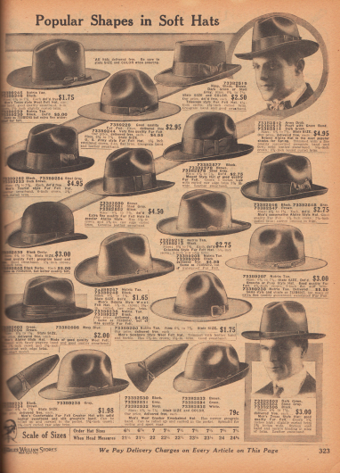 „Beliebte Formen für weiche Hüte“ (engl. „Popular Shapes in Soft Hats“).
Filzhüte mit Schweißbändern in der Innenseite und mit schmalen oder breiten Ripsbändern und Schleife außen für Herren.
Unter den Hutmodellen sind Männerhüte im Texas Stil, Sombrero Stil, Teleskop, Mascot Stil, im Alpinen Stil, Touristen Stil, Kolumbianischen Stil oder im Dakota Stil sowie eine Melone (engl. „Bowler“).
Unten auf der Seite befinden sich leichte Wollfilzhüte die eingerollt werden können.