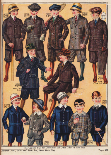 Strapazierfähige Freizeit- und Spielanzüge bestehend aus Norfolk-Jacke und Knickerbockerhose aus Woll- und Baumwoll-Kaschmire für Jungen von 4 bis 17 Jahren.