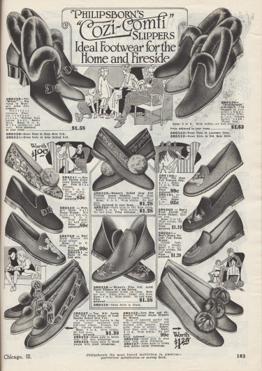 „Philipsborns ‚Behaglich-Gemütlich‘ Pantoffeln. Ideale Schuhe für Haus und Kaminzimmer“ (engl. „Philipsborn’s ‚Cozi-Comfi‘ Slippers. Ideal Footwear for the Home and Fireside“).
Bunte Filzpantoffeln, Hausschuhe und Puschen für die ganze Familie.
Die Hausschuhe und „boudoir slippers“ sind aus Filz hergestellt und besitzen Sohlen aus Leder oder Gummi. Einige Modelle sind mit Pelzröllchen oder Pompons aus Webpelz aufgemacht. Die Pantoffeln für Kinder und Männer sind teilweise mit Stickereien und Motiven versehen.