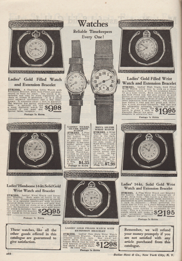 „Uhren. Jede einzelne ein zuverlässiger Zeitmesser!“ (engl. „Watches. Reliable Timekeepers Every One!“).

27K380: Vergoldete, runde Damen-Uhr zum Aufziehen mit separatem Glied-Armband für 9,98 Dollar.
27K381: Hochwertige vergoldete Taschenuhr mit graviertem Gehäuse und Kettchen für Frauen zum Preis von 19,95 Dollar.
27K382: Armbanduhr mit versilbertem Nickelgehäuse mit Lederarmband für günstige 4,35 Dollar.
27K383: Herren-Armbanduhr mit Silber-Gehäuse, Sekundenanzeige und Schweinsleder-Armband für 7,98 Dollar.
27K384: Damen-Taschenuhr mit separater Kette aus 14 Karat Gold (585er Legierung, 58,5 Prozent Gold) und Edelstein-Ziffernblatt für 29,95 Dollar.
27K385: Massivgold-Taschenuhr, die auch als Armbanduhr getragen werden kann, mit 14 Karat für Frauen. Preis 21,95 Dollar.
27K386: Vergoldete Taschen- und Armbanduhr in Oktagon-Form (Achteck) für Damen zum Preis von 12,98 Dollar.