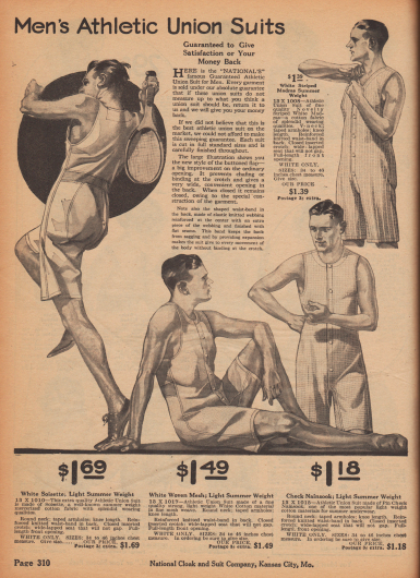 „Sportliche Hemdhosen für Männer“ (engl. „Men’s Athletic Union Suits“).
Sommerliche Sportunterwäsche für Herren. Einteilige Hemdhosen für Männer mit Knopfleisten vorne, nicht ganz knielangen Hosenbeinen und großen Armlöchern. Die Hemdhosen sind aus gestreiftem Madras (Baumwollstoff), Soisette (leichter, merzerisierter Baumwollstoff), hochwertigem Baumwollgewebe mit Gitterwebung oder kleinkariertem Nainsook (leichtes Musselin, Baumwollstoff).