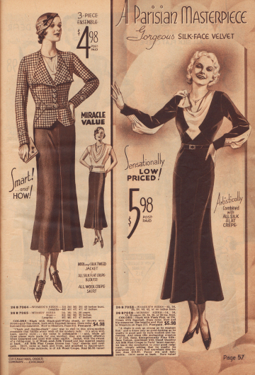 Doppelseite mit Kleidern von sportlich bis elegant. Ausgestellte Ärmel und auch Spitze (Kleid links) lassen die Mode der 1890er Jahre wieder aufleben.