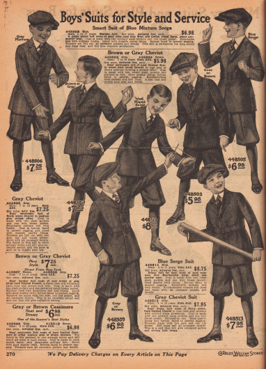 „Jungenanzüge mit Stil und Haltbarkeit“ (engl. „Boy’s Suits for Style and Service“).
Widerstandsfähige Norfolk-Anzüge mit Taillengürtel, Brusttaschen und kurzen Hosenbeinen für Jungen im Alter zwischen 7 und 17 Jahren. Die Anzüge sind aus grauem oder braunem Cheviot oder marineblauem Baumwoll-Woll-Serge. Die Stoffe sind entweder in sich gemustert oder zeigen Heringsmuster sowie vertikale oder diagonale Streifenmuster.