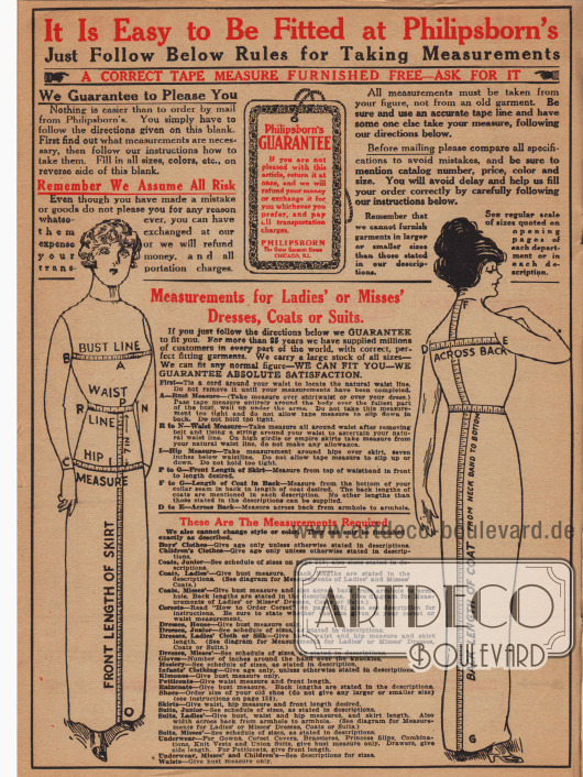 Seite mit detaillierten Anleitungen zum Maßnehmen von Damenkleidung, Kinderkleidung, Unterwäsche und Schuhen. Interessanterweise sind die Dame noch in der Vorkriegsmodeline gezeichnet und noch nicht überarbeitet worden.