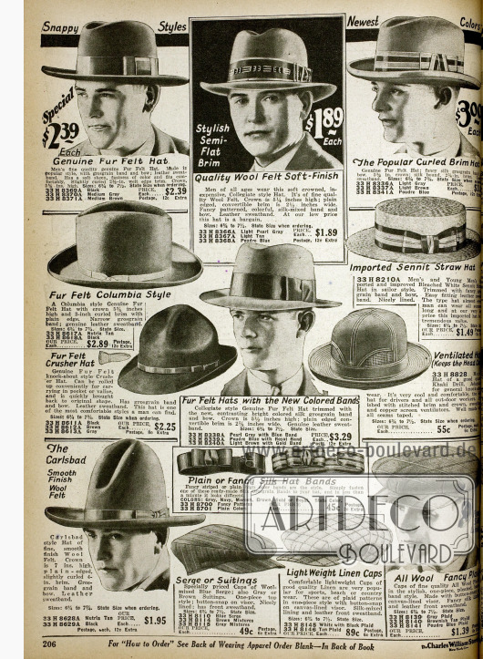 Doppelseite mit Hüten für Männer, wie z.B. Fedoras, Homburgs, Karlsbad Hüte, Panamas, Schiebermützen, ein Sombrero und ein Sport Visier. Die meisten Hüte sind mit Ripsbändern verschönert.