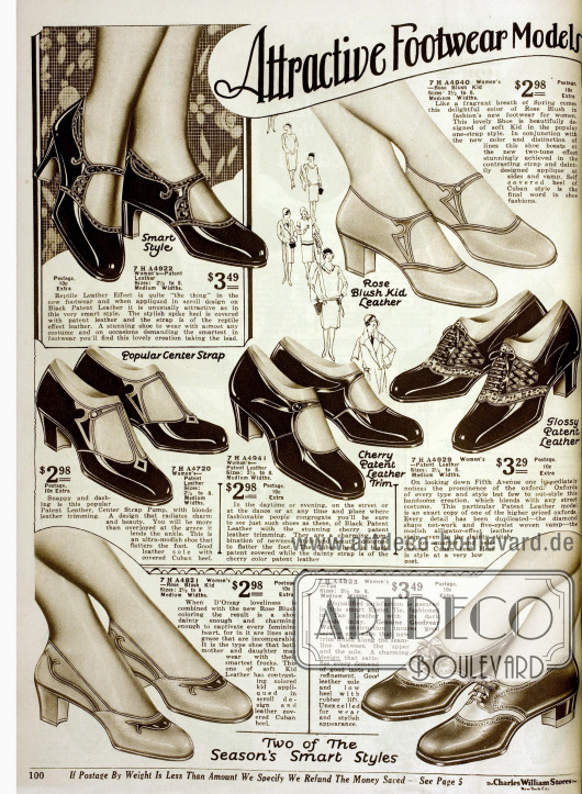 „Attraktive Footwear Models – Dashing Spring Styles“. Doppelseite mit niedrigen kubanischen Absätzen aus Lackleder und Ziegenleder. Ziernähte, Perforationen, Metallschnallen, Lederriemchen und Schuhe aus zweifarbigem Leder geben Variation.