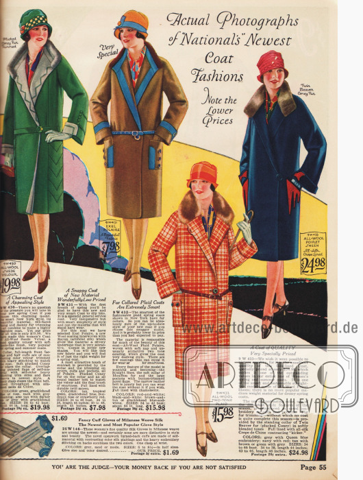 Doppelseite mit kolorierten Photographien mit Damenmänteln in verschiedenen Preisklassen.